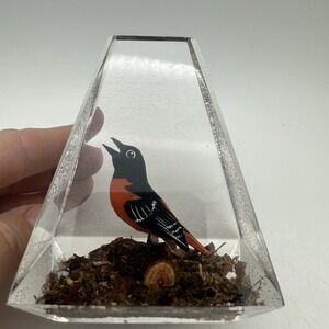 VTG Acrylic Triangle Paperweight With Oriole Perched on Wood Hand Wood‎ Carved
